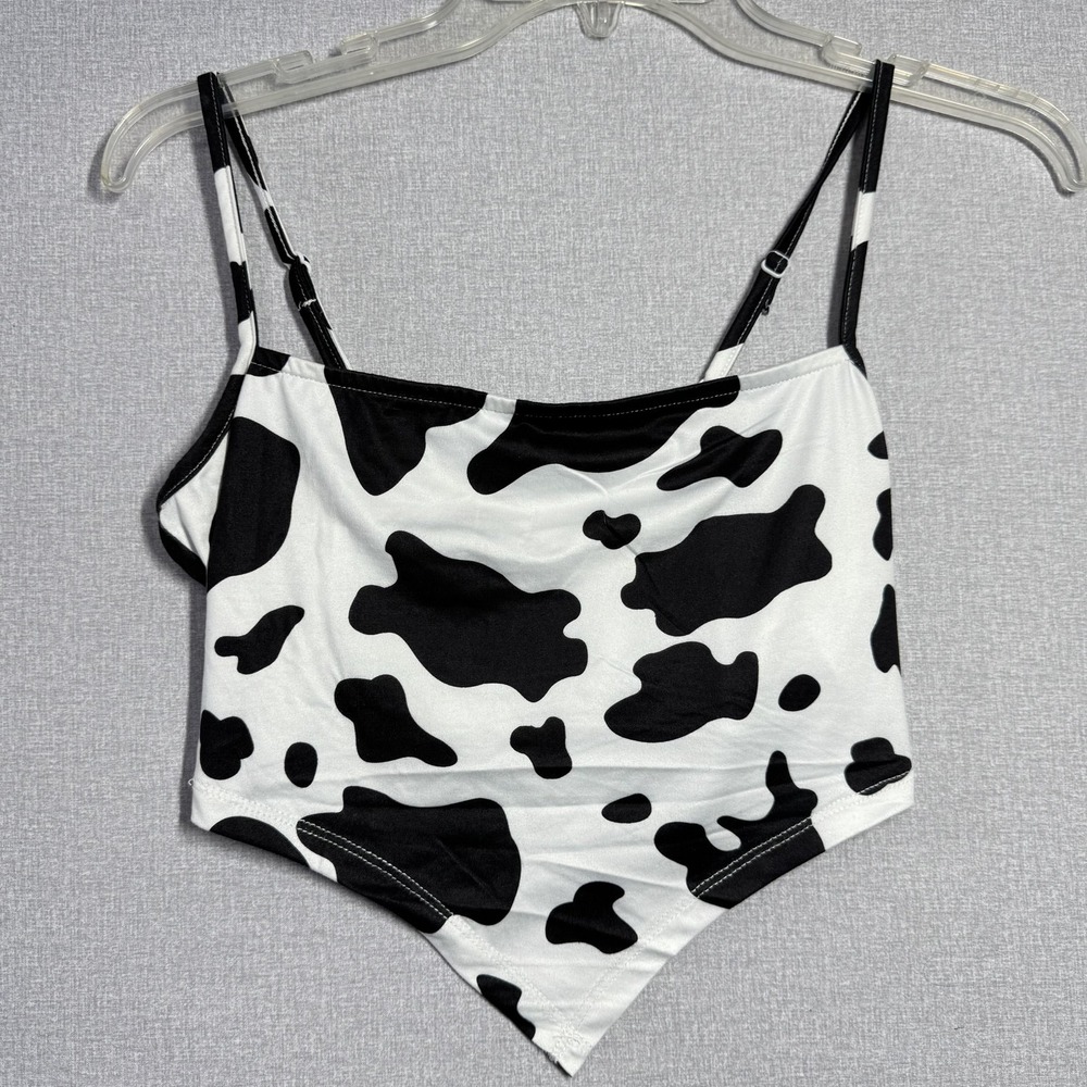 SheIn Tank Womens Small White Cow Print Square‎ Neck Cropped Adjustable Strap